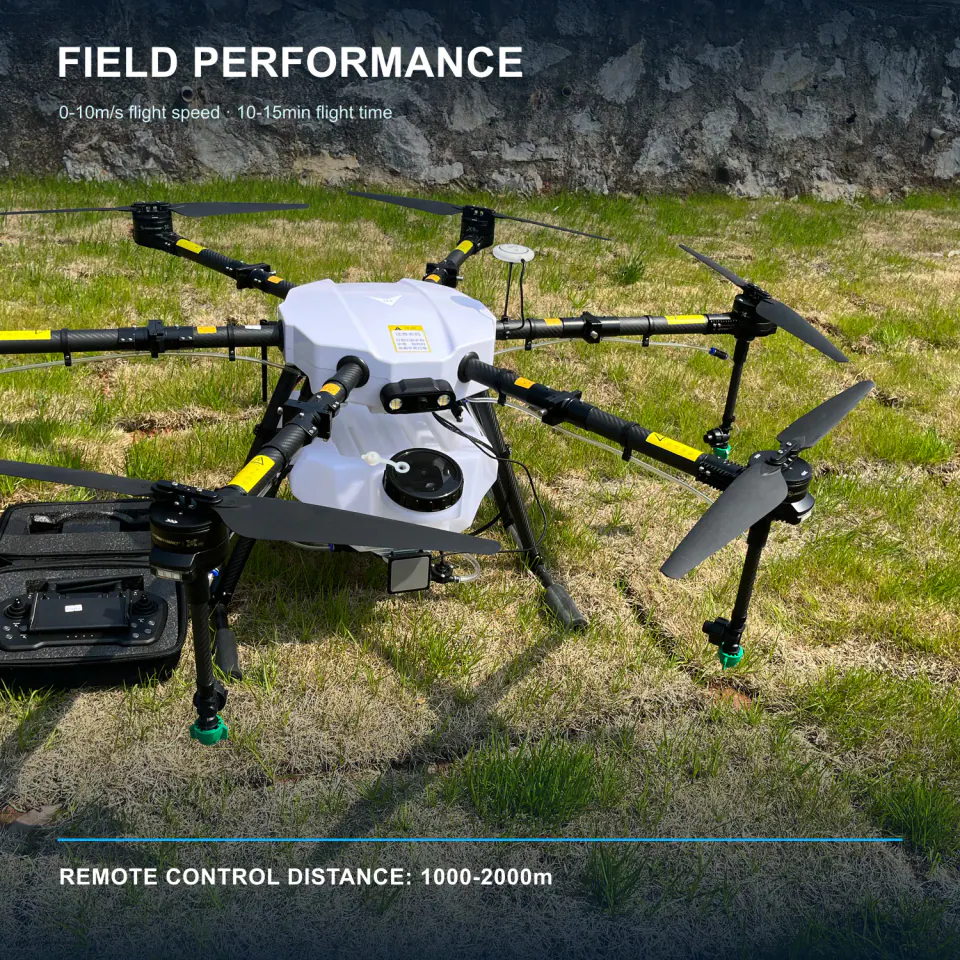 TYI 6 Axis 10L agricultural drone operating over farmland