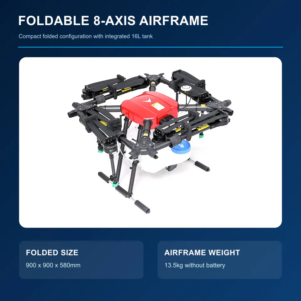 TYI 8 Axis 16L agricultural spraying drone in its folded configuration