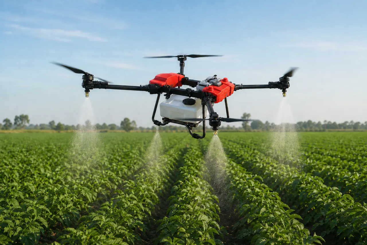 Agricultural spraying drone operating above a crop field